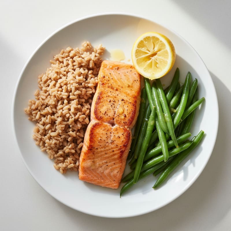 Seared Salmon Fillet with Steamed Green Beans and Brown Rice