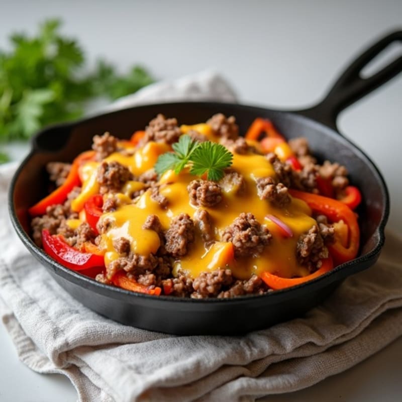 Lean Beef Skillet with Sautéed Peppers, Onions, and Creamy Cheese Sauce