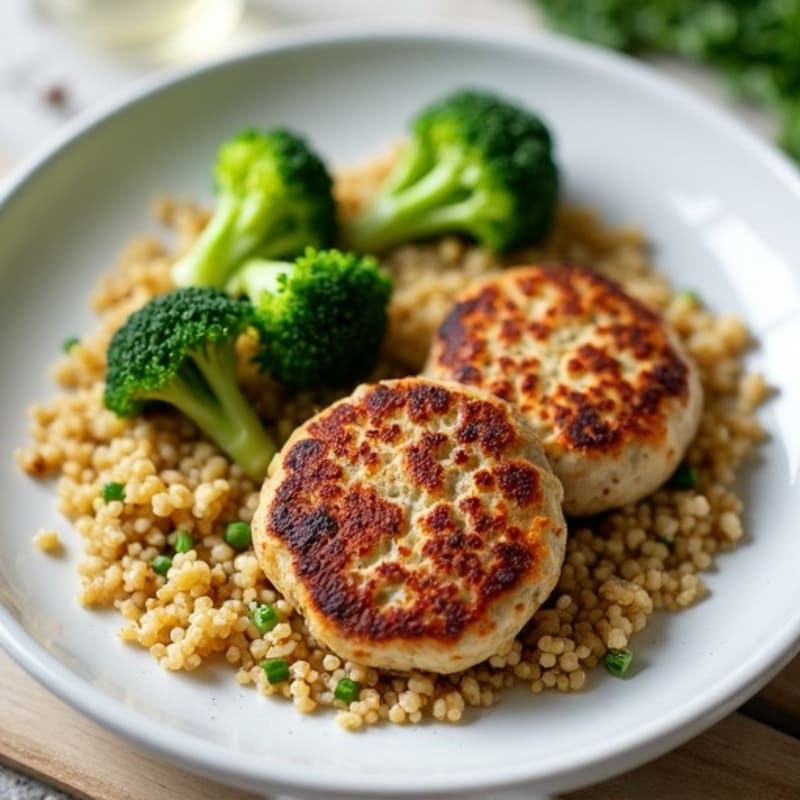 Seared Turkey Patties with Steamed Broccoli and Quinoa