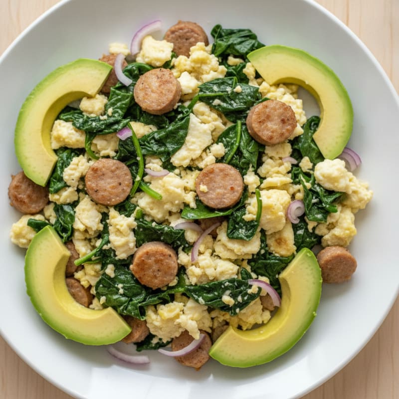 Egg White Scramble with Turkey Sausage and Sautéed Spinach