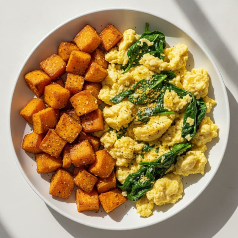 Hearty Scrambled Eggs with Roasted Sweet Potatoes
