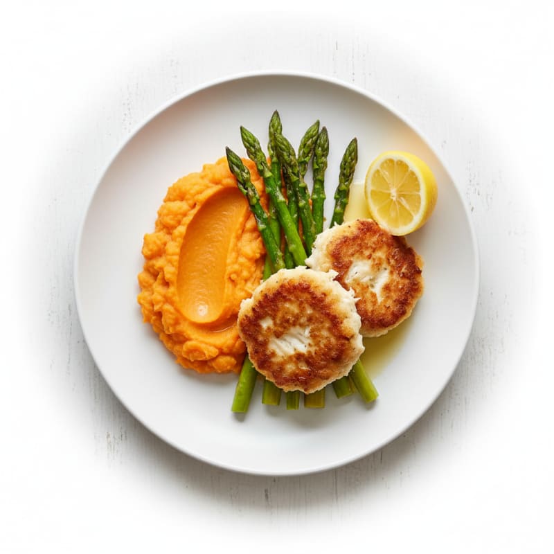 Pan-Seared Fish Cakes with Roasted Asparagus and Sweet Potato Mash