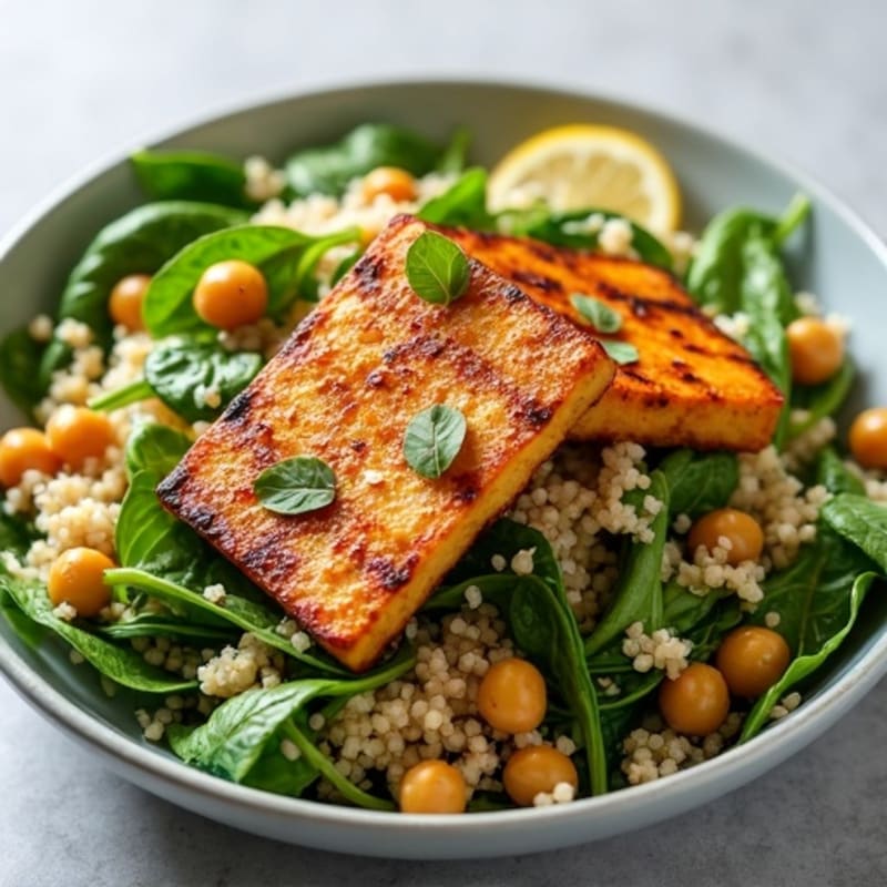 Grilled Tofu and Quinoa Salad with Leafy Greens and Chickpeas