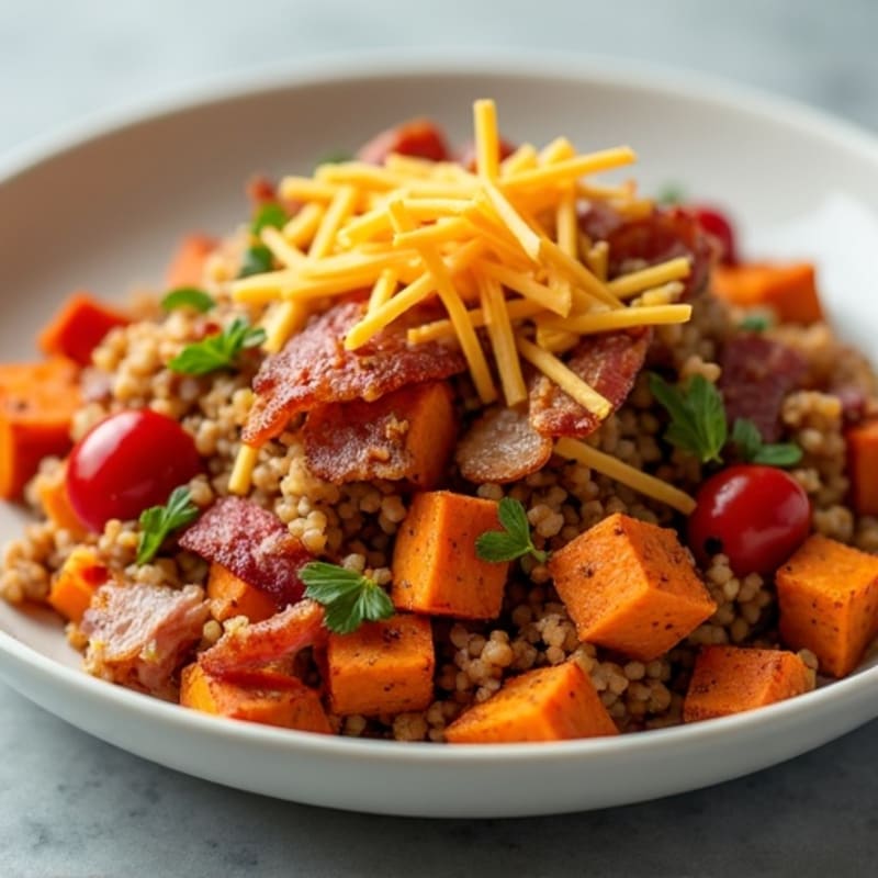 Hearty Skillet Sweet Potato and Turkey Hash with Crispy Bacon and Sharp Cheddar
