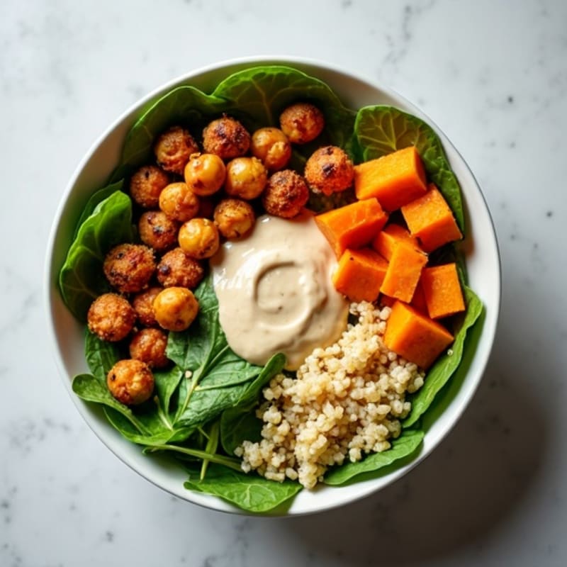 Crispy Roasted Chickpea and Sweet Potato Bowl with Creamy Tahini Dressing