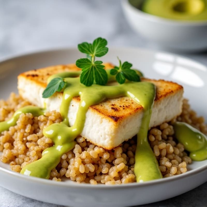 Olive Oil Seared Cod with Brown Rice, Roasted Cauliflower and Creamy Avocado