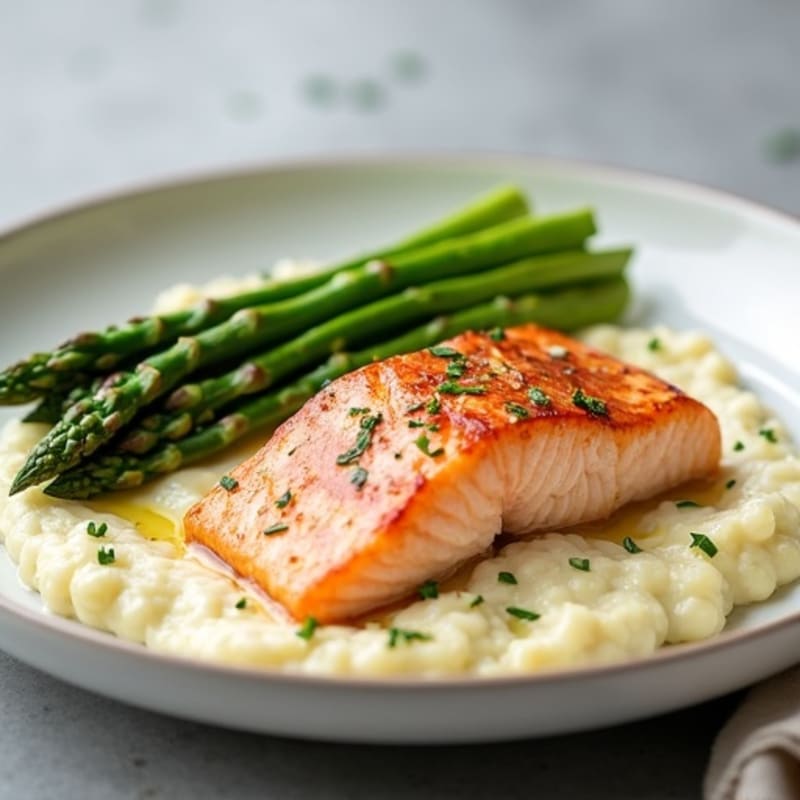 Seared Salmon Fillet with Steamed Asparagus and Cauliflower Mash
