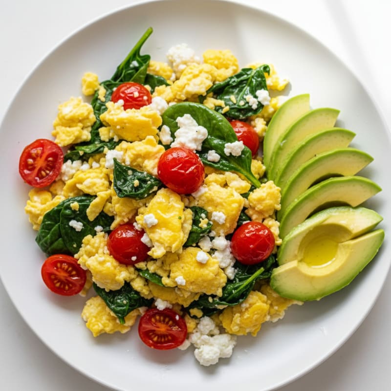 Cottage Cheese Egg Scramble with Spinach and Cherry Tomatoes