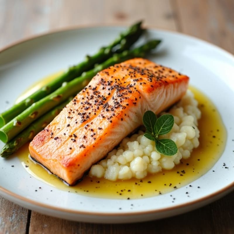 Seared Salmon with Roasted Asparagus and Cauliflower Mash