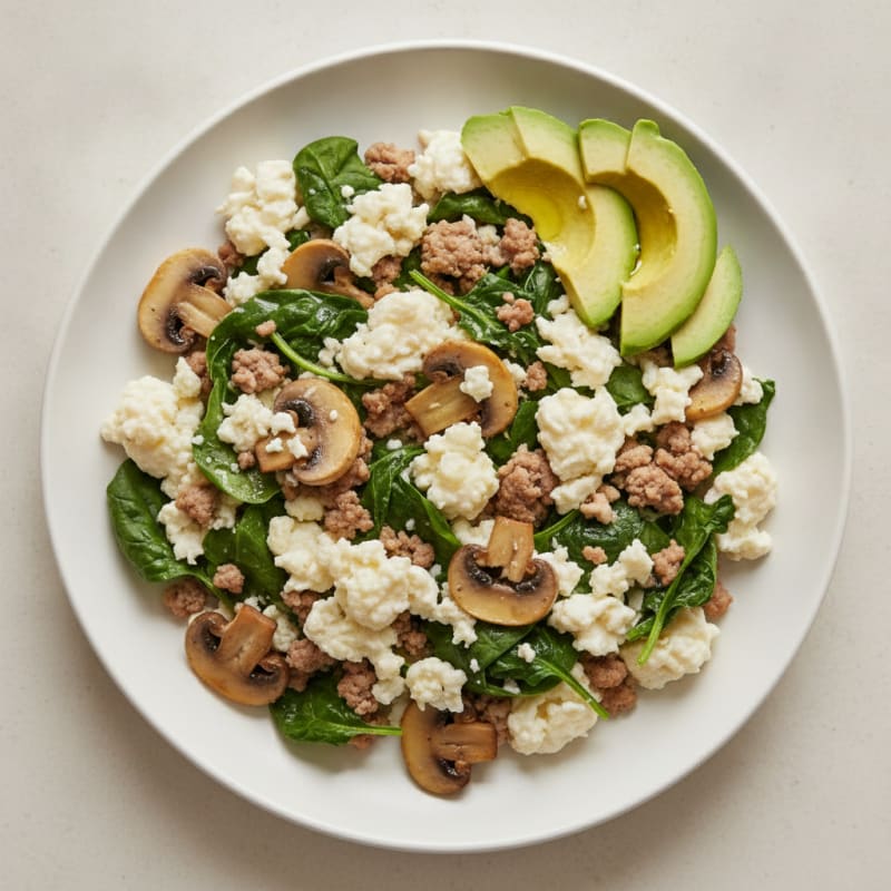 Egg White Spinach Scramble with Turkey and Sautéed Mushrooms