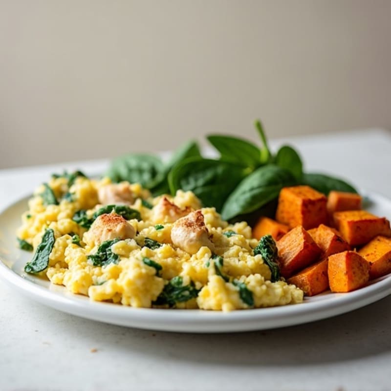 Egg White and Turkey Spinach Scramble with Roasted Sweet Potatoes