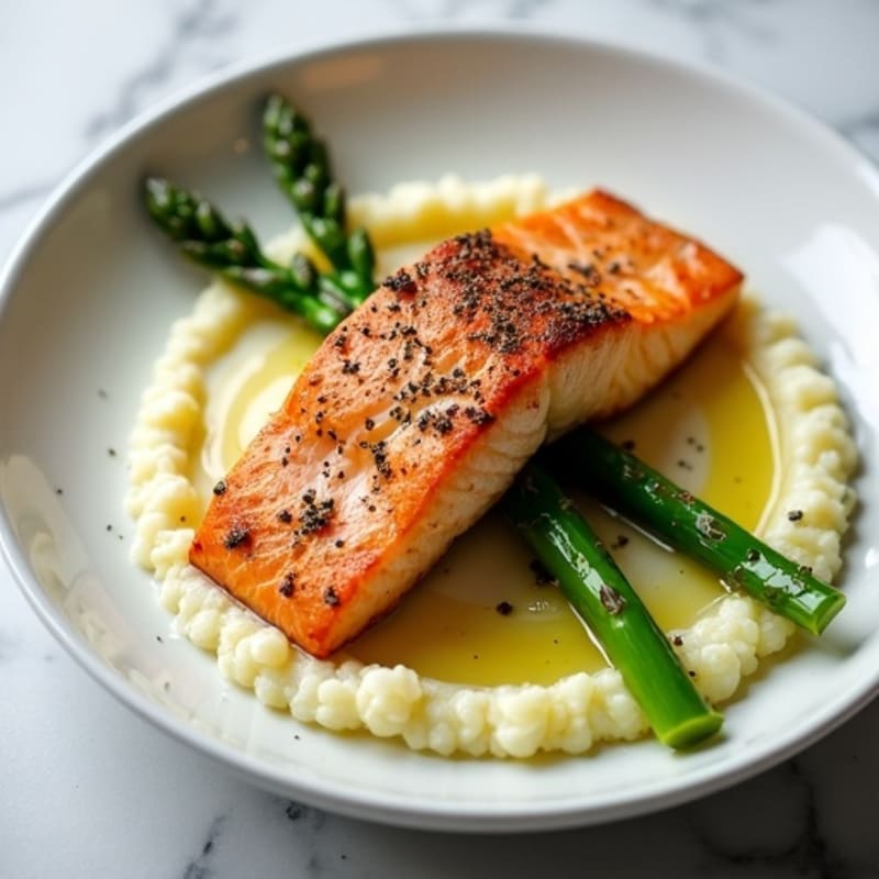Seared Salmon Fillet with Steamed Asparagus and Cauliflower Mash