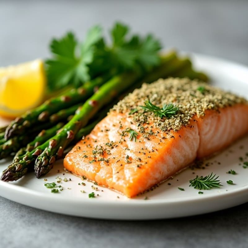 Herb-Crusted Pan Seared Salmon with Garlic Asparagus