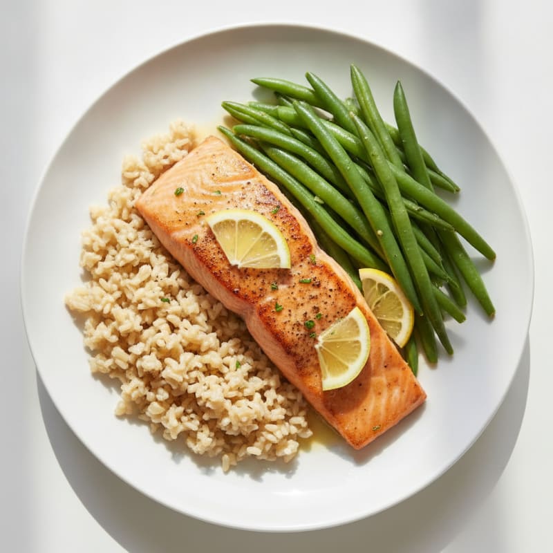 Seared Salmon Filet with Steamed Green Beans and Brown Rice