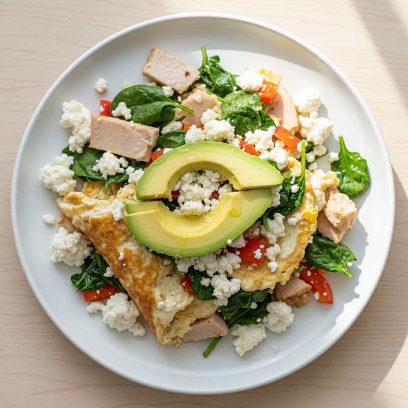 Egg White Veggie Scramble with Cottage Cheese and Sliced Turkey