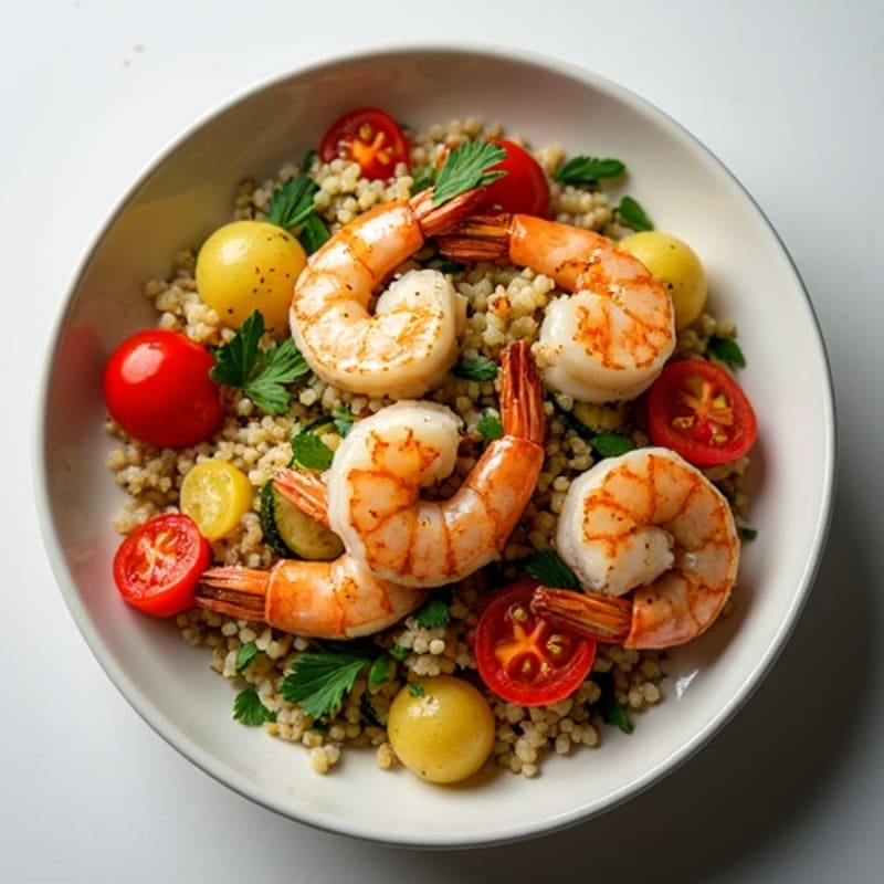 Grilled Lemon Herb Shrimp Bowl with Quinoa and Roasted Vegetables