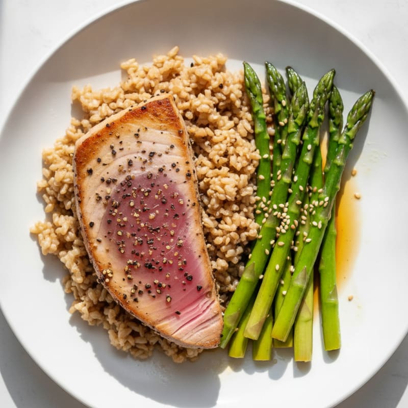 Seared Tuna Steak with Steamed Asparagus and Brown Rice