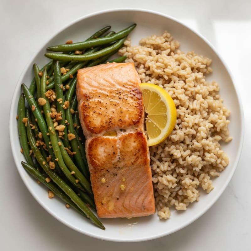 Seared Salmon with Garlic Green Beans and Brown Rice