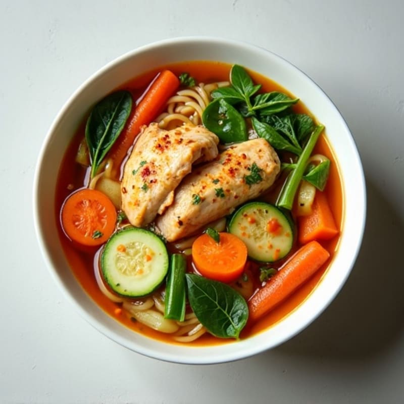 Spicy Sriracha Chicken and Fresh Vegetable Noodle Soup