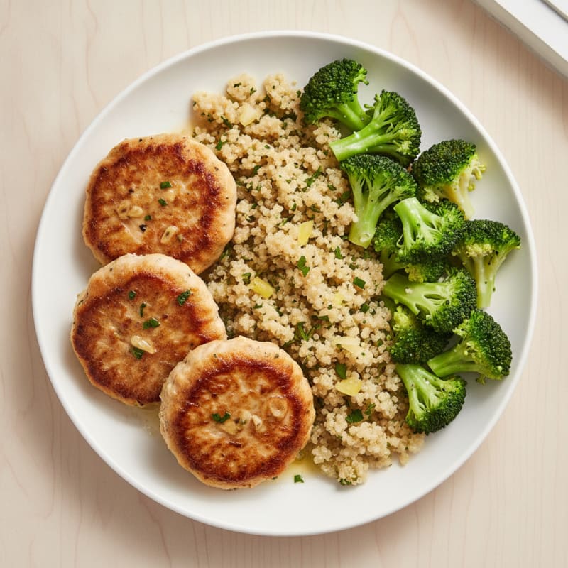 Seared Turkey Patties with Steamed Broccoli and Quinoa