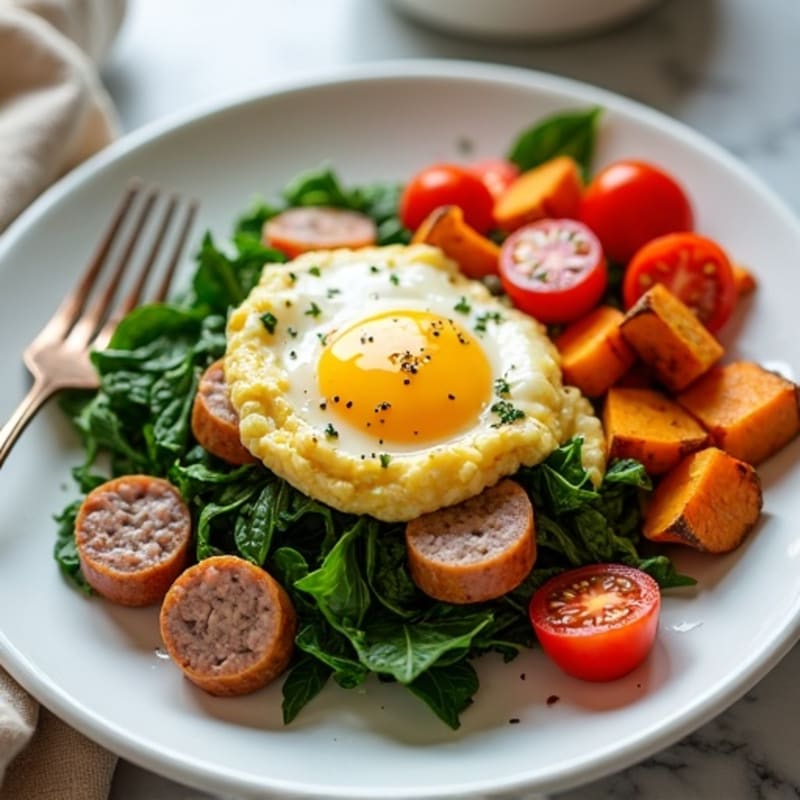 Egg White and Turkey Sausage Scramble with Spinach and Roasted Sweet Potato
