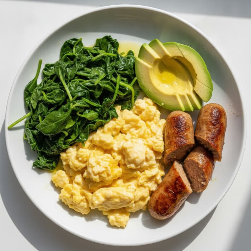 Scrambled Eggs with Sautéed Spinach and Grilled Sausages