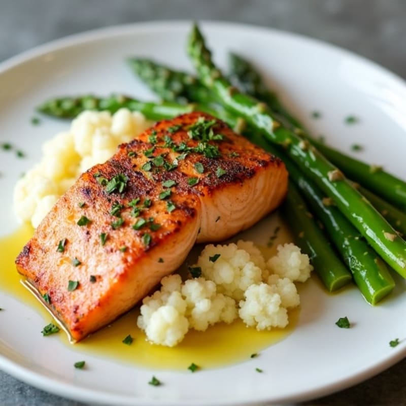 Seared Salmon with Steamed Asparagus and Cauliflower Mash