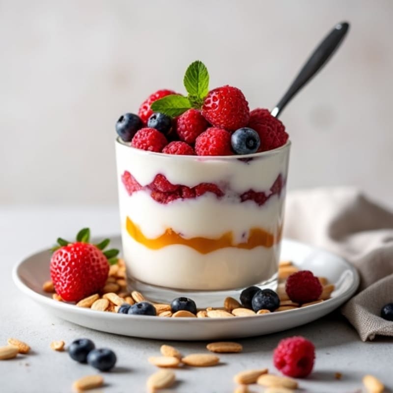 Greek Yogurt Parfait with Crunchy Almonds and Mixed Berries