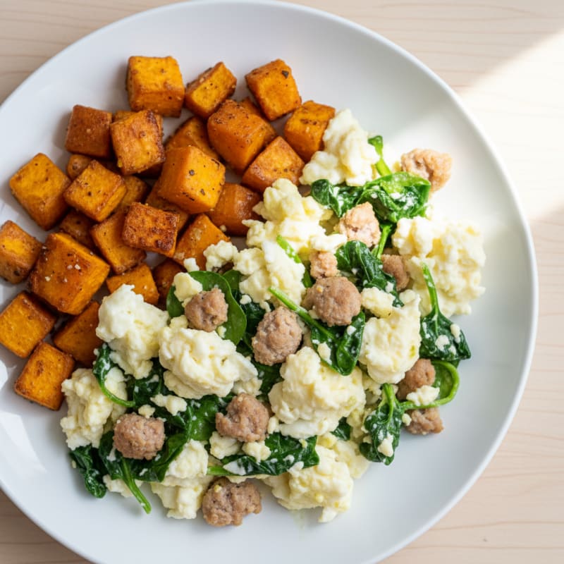Egg White and Turkey Sausage Scramble with Spinach and Roasted Sweet Potato