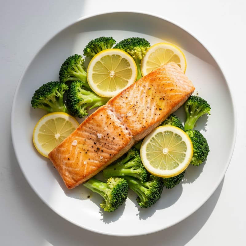 Seared Salmon with Steamed Broccoli and Lemon