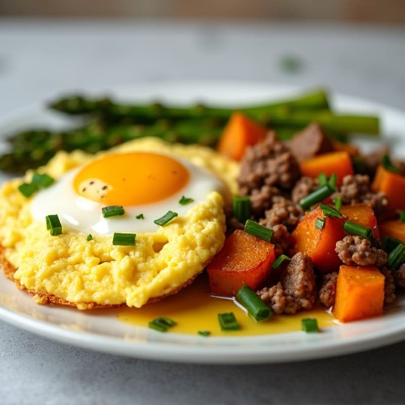Scrambled Eggs with Sautéed Asparagus and Sweet Potato Hash