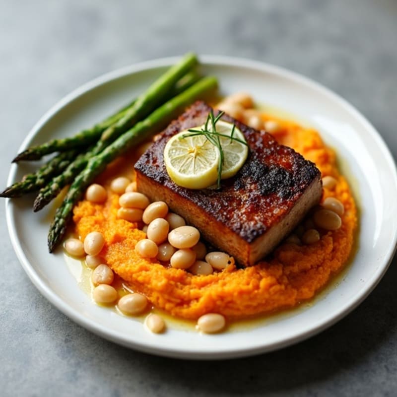 Tender Slow-Braised Pork Belly with Roasted Asparagus and Sweet Potato Mash