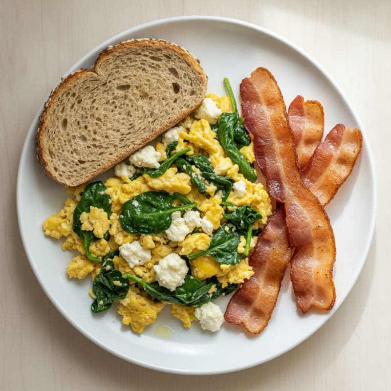 Cottage Cheese Egg Scramble with Spinach and Turkey Bacon