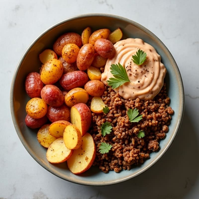 Spiced Ground Turkey Bowl with Fluffy Brown Rice, Crispy Roasted Potatoes, and Creamy Refried Beans
