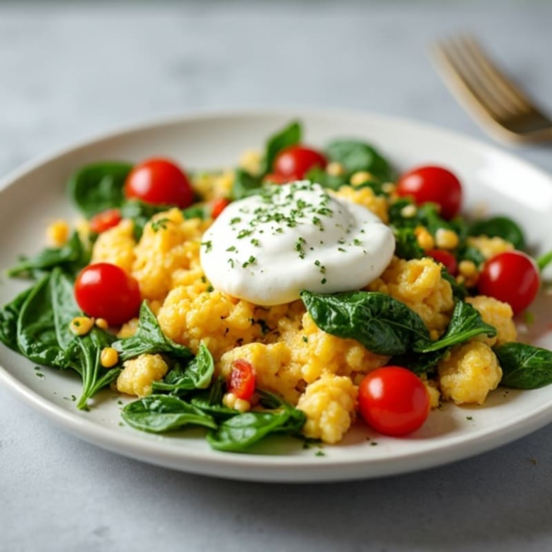 Egg White Spinach Scramble with Cottage Cheese and Cherry Tomatoes
