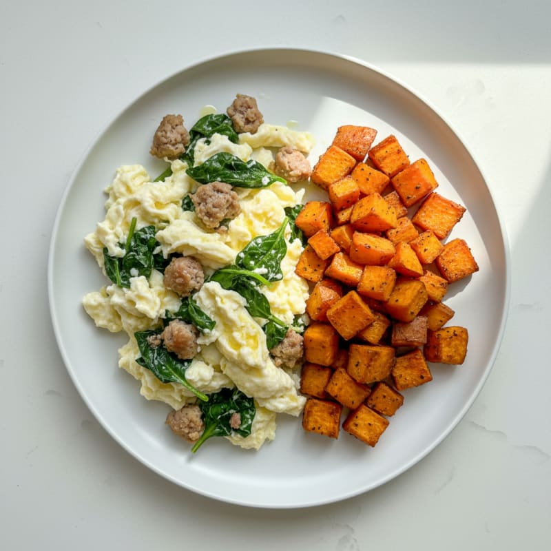 Egg White and Turkey Sausage Scramble with Spinach and Roasted Sweet Potatoes