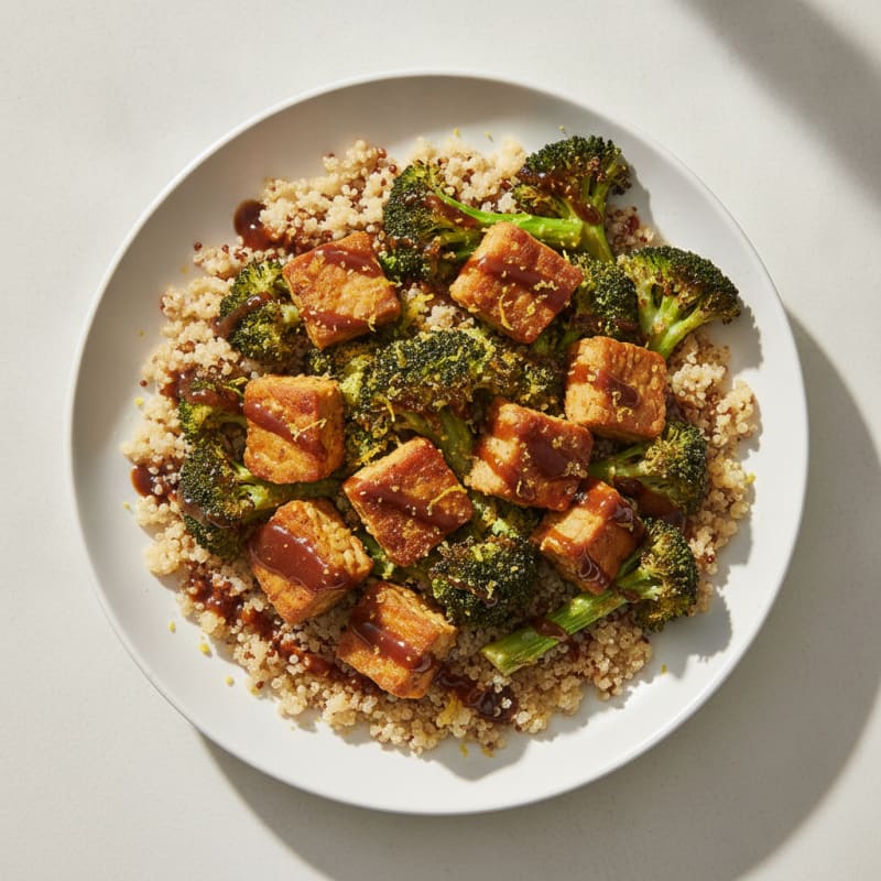 Crispy Tempeh Power Bowl with Quinoa and Roasted Broccoli