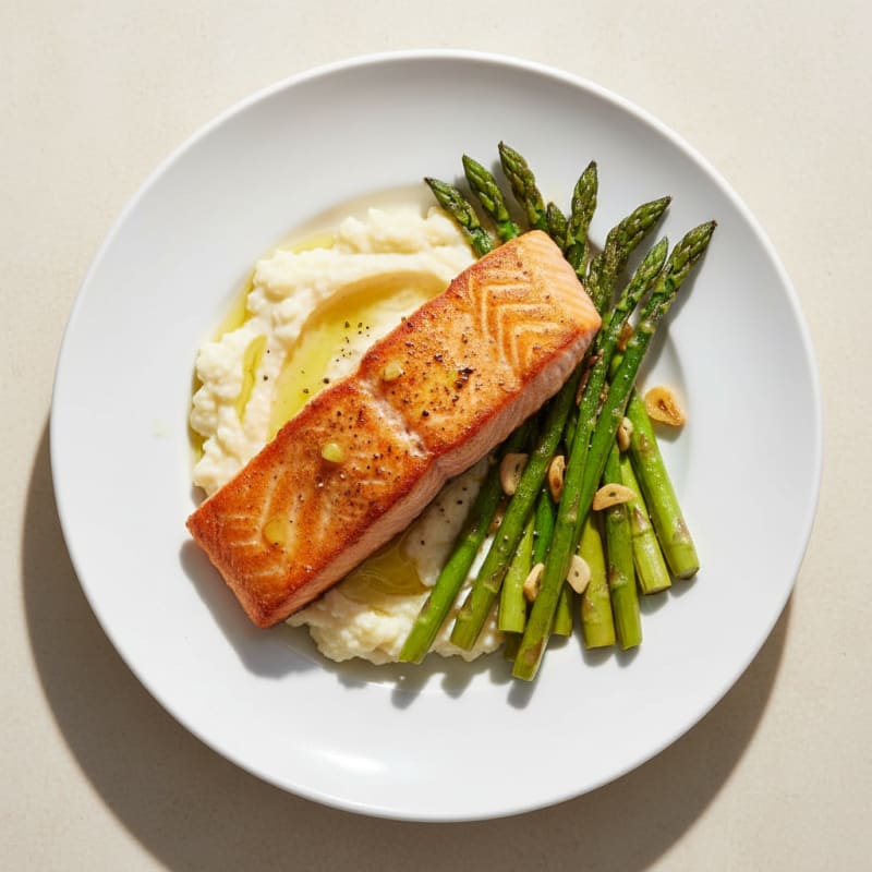 Seared Salmon with Roasted Asparagus and Cauliflower Mash