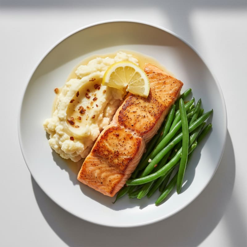 Seared Salmon with Steamed Green Beans and Garlic Mashed Cauliflower