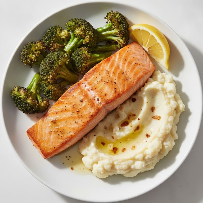Seared Salmon Fillet with Roasted Broccoli and Garlic Mashed Cauliflower