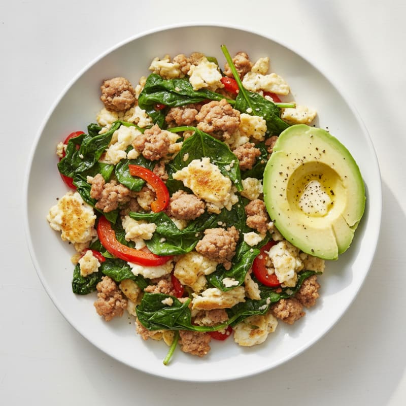 Egg White and Turkey Sausage Scramble with Sautéed Spinach