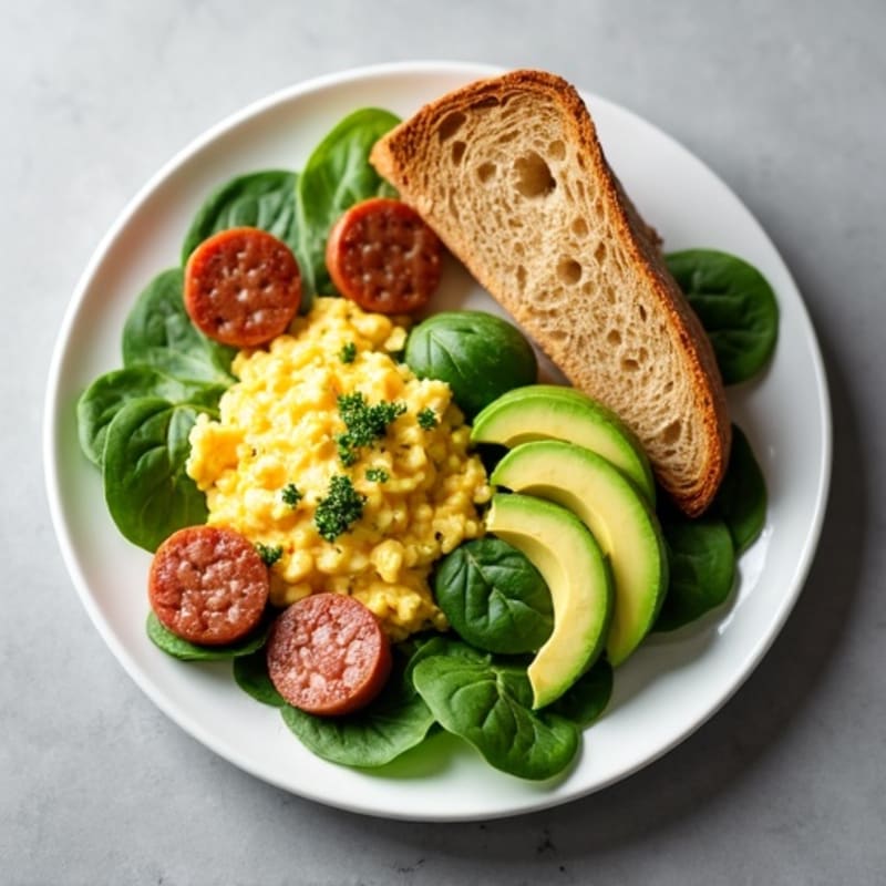 Egg White Spinach Scramble with Turkey Sausage and Sliced Avocado