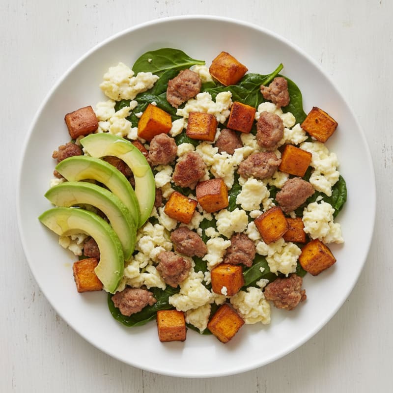 Egg White and Turkey Sausage Scramble with Roasted Sweet Potatoes