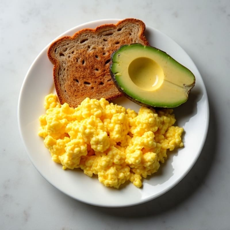 Fluffy Scrambled Eggs with Crispy Whole Grain Toast and Fresh Avocado