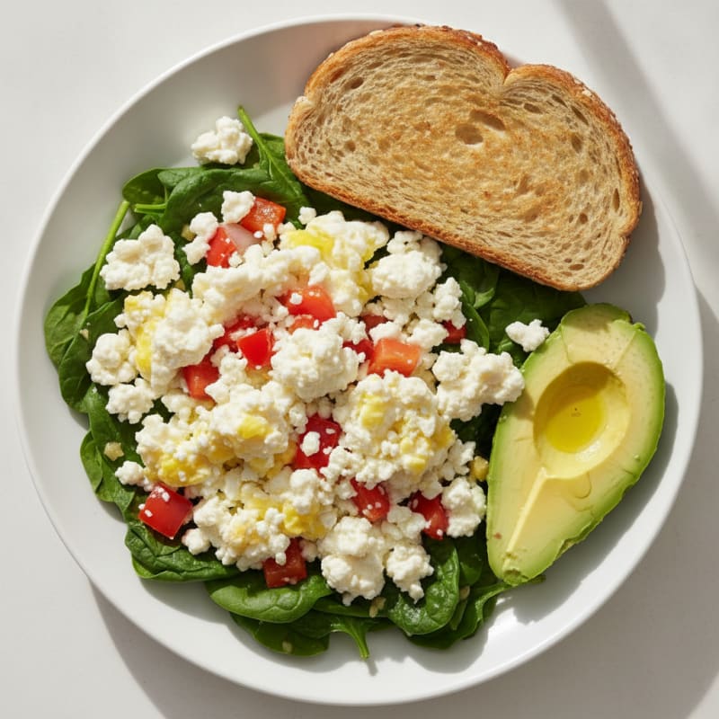 Egg White Veggie Scramble with Cottage Cheese and Sautéed Spinach