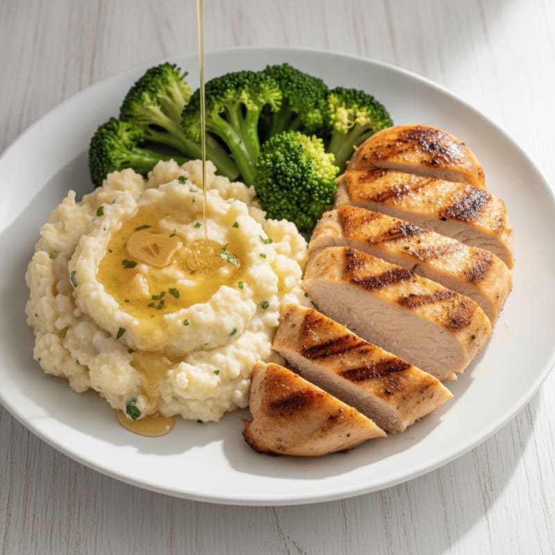 Seared Chicken Breast with Steamed Broccoli and Garlic Mashed Cauliflower