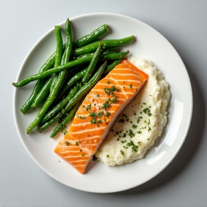 Seared Salmon with Garlic Green Beans and Cauliflower Mash