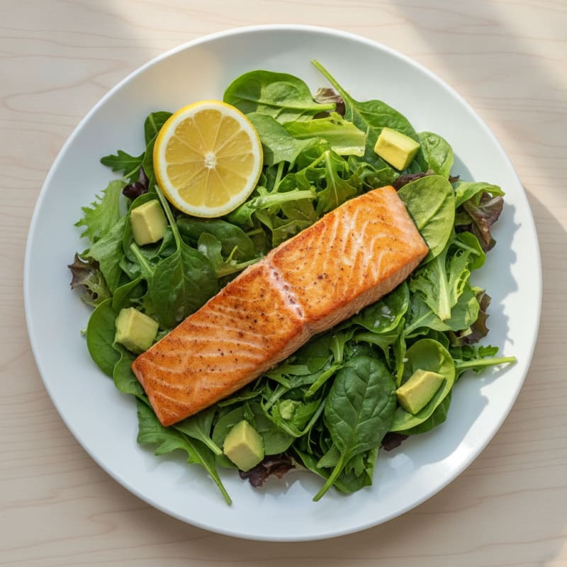 Seared Salmon with Avocado and Mixed Greens Salad