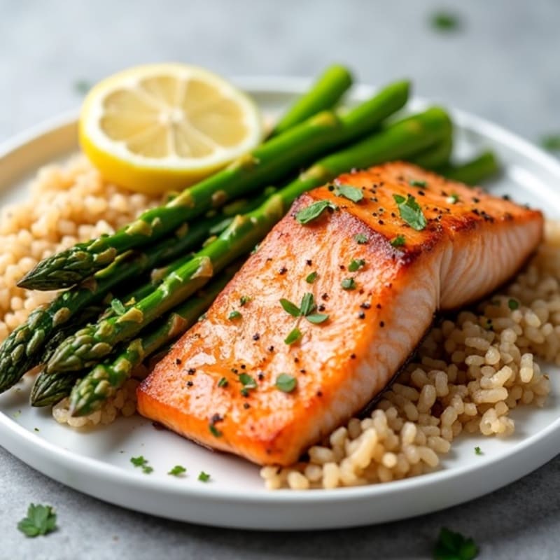 Seared Salmon Fillet with Steamed Asparagus and Brown Rice