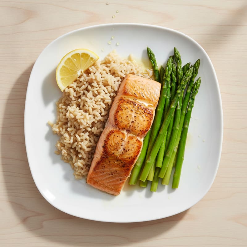 Seared Salmon Fillet with Steamed Asparagus and Brown Rice